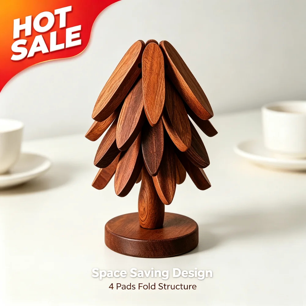 Christmas Tree Wooden Trivet Set Heat Resistant Table Mats with Storage Stand for Teapot Bowl Pot Kitchen Home Decor view 2