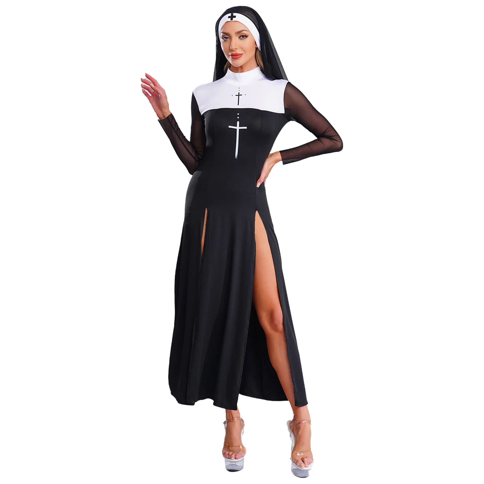 

Women Halloween Nun Cosplay Dress And Veil Cross Print Mesh Long Sleeve Maxi Dress with Wimple Church Clergy Sister Outfits