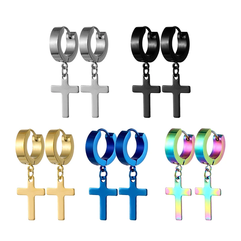 1Pair Punk Stainless Steel Cross Pendant Hoop Earrings For Men Women Not Fade Ear Rings Hip Hop Male Jewelry