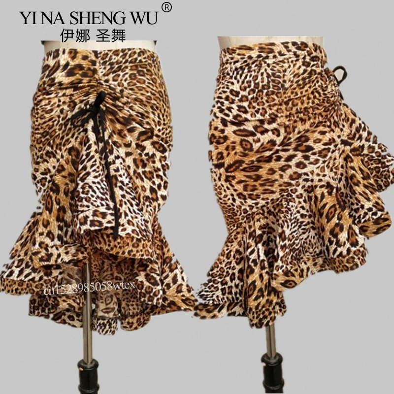 เสือดาวพิมพ์เต้นรําละตินกระโปรงผู้หญิงเซ็กซี่คลาสสิก Latin Dance Tango Salsa ฝึกเครื่องแต่งกายไม่สมมาตร Ruffle กระดูกปลากระโปรง