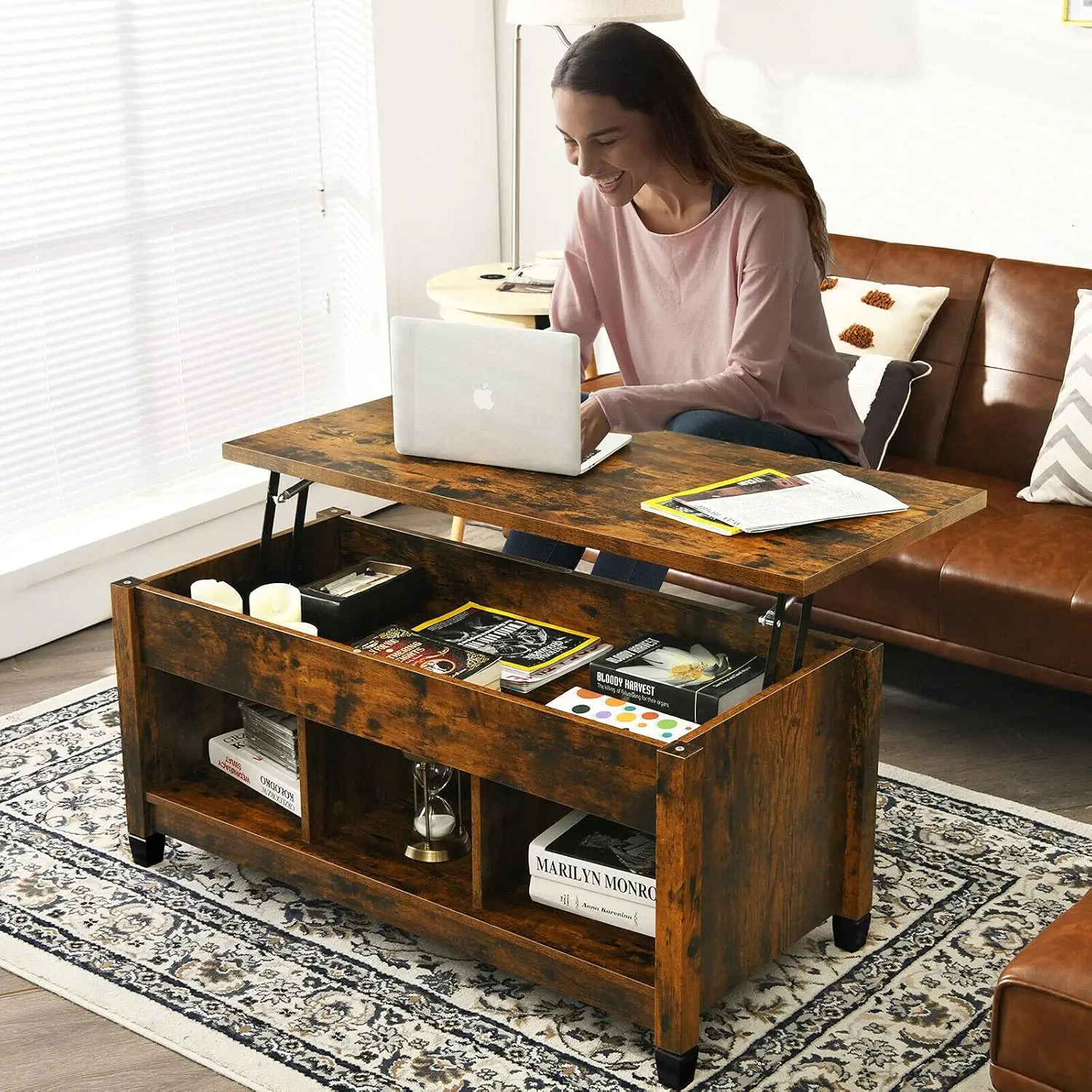 

Lift Top Coffee Table With Hidden Storage & Display Shelves For Living Room Bedroom Office, Rustic Brown, Customized