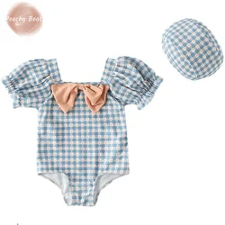 Baby Girl Plaid Puff Sleeve Swim Suit Infant Toddler Child Swimwear+Cap 2PCS Bow Swim Suit Bathing Suit Summer Baby Clothes1-10Y