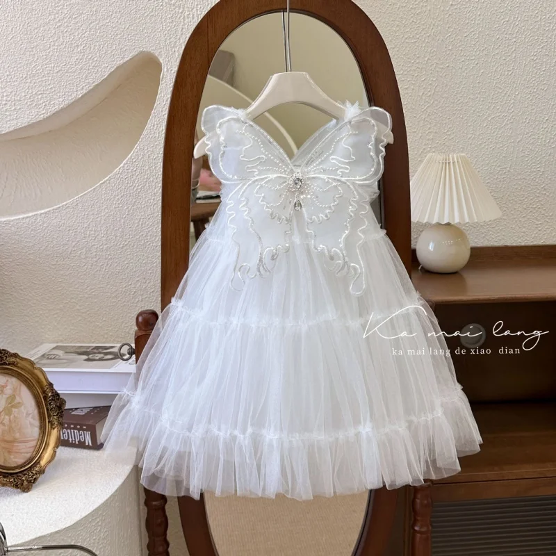 

ZLXZ-Girls' Skirt2024Summer New Heavy Industry Wings Princess Dress Butterfly Fairy White Tulle Skirt Sweet Birthday Dress