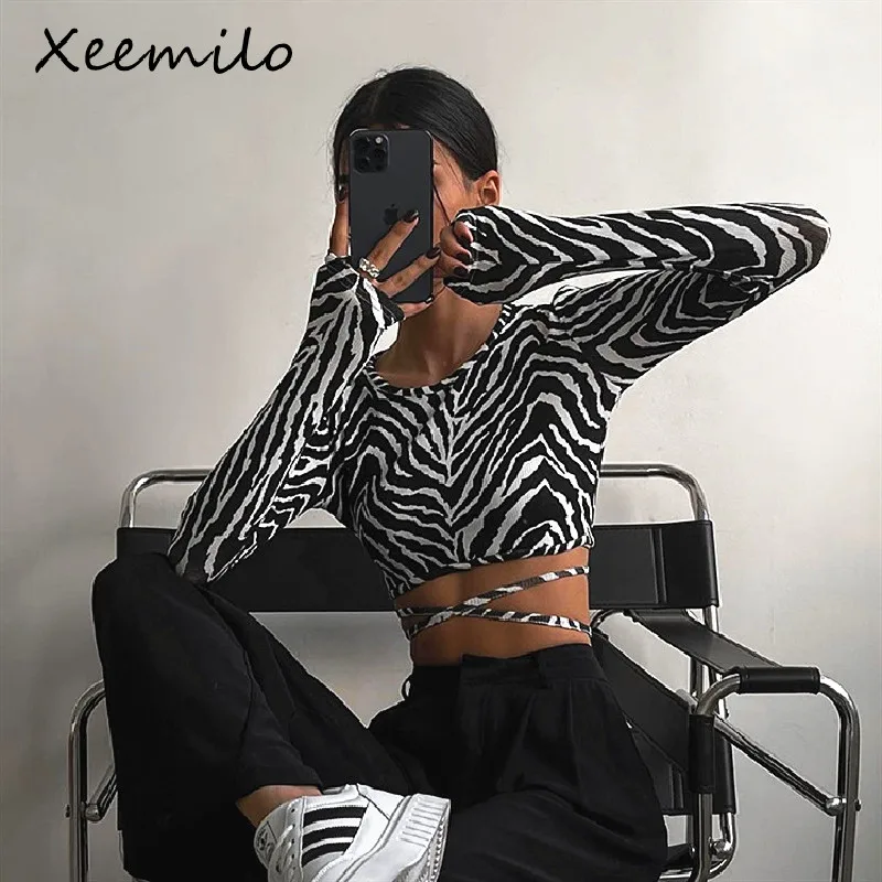 Xeemilo Round Neck Zebra Stripe Print T Shirt Sexy Long Sleeves Backless Crop Tops Gothic Bandage Casual Basic Women Street Tees