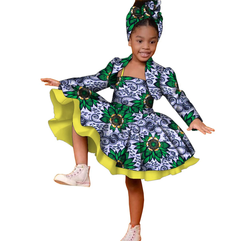 3pcs Set African Kids Gril Dashiki Dress Coat and Headtie Suits Africa Print Party Dresses Children Summer Clothes WYT723