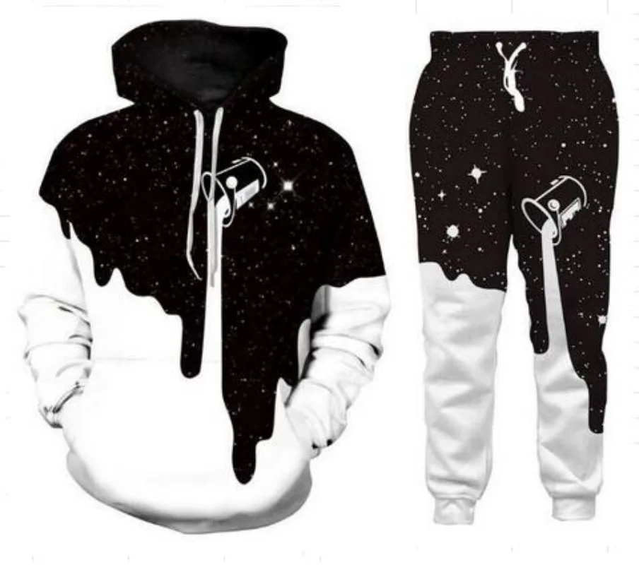 2 PAC Pants + Hoodies Space Galaxy Milk Dripping 3D Print Hoodie Suit Men Sweatshirts Two Piece Tracksuit Set Men's Clothing