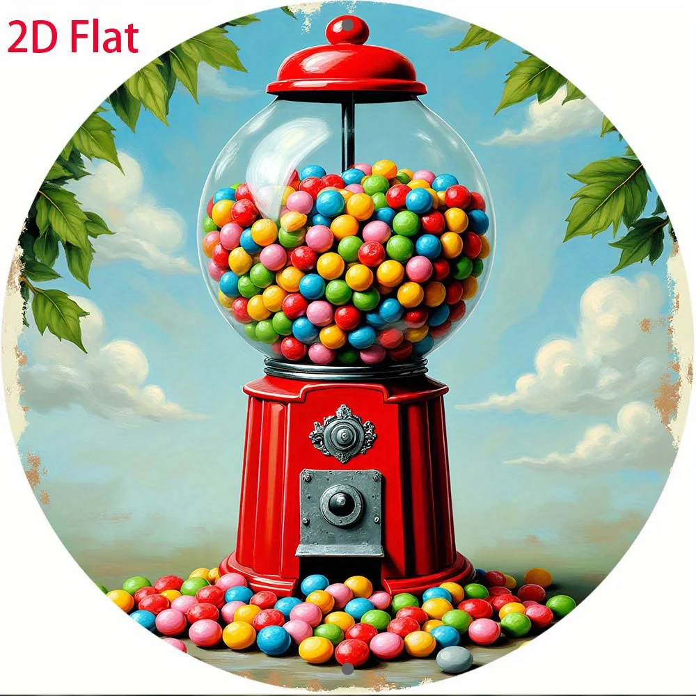 Vintage Candy Dispenser Sign, 2D Flat Iron Retro Wall Decor, Heavy-Duty Red Multicolor Gumball Machine Sign for Home Cafe Hallow