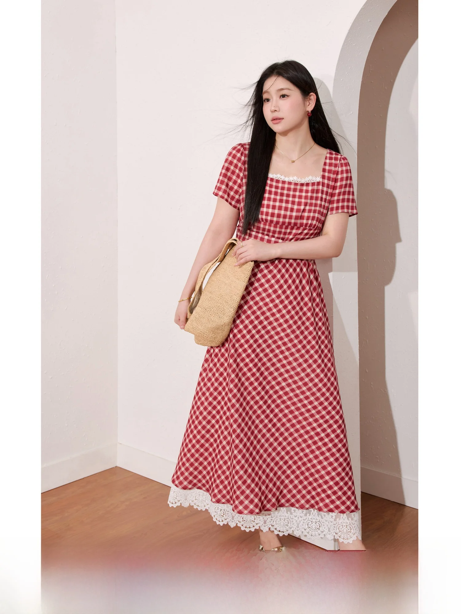 

Blue Language plus Size Women's Dr Lace Splicing Square Collar Midi Vintage Red id Slimming Waist Cinched Long Dr