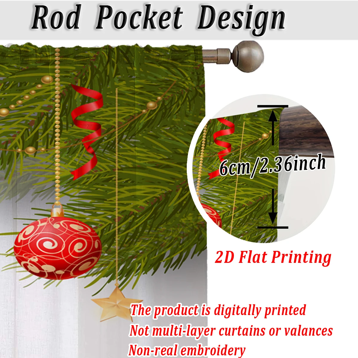 ستارة شفافة للمطبخ مطبوعة مسطحة لعيد الميلاد مع فرع كرة عيد الميلاد المجيد على شكل نجمة من الصنوبر لحفلات ديكور المنزل في عيد الميلاد #4