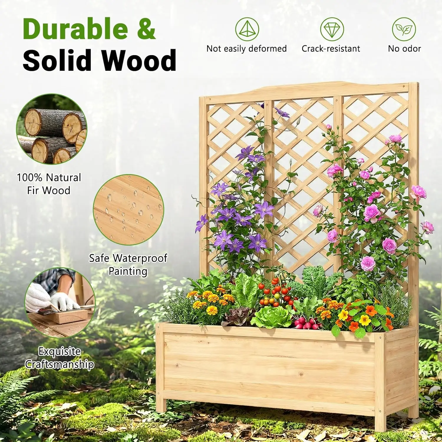 Outdoor Backyard/Patio/Balcony, Wooden, Natural Color, Freestanding Elevated Planter with Trellis and Privacy Screen