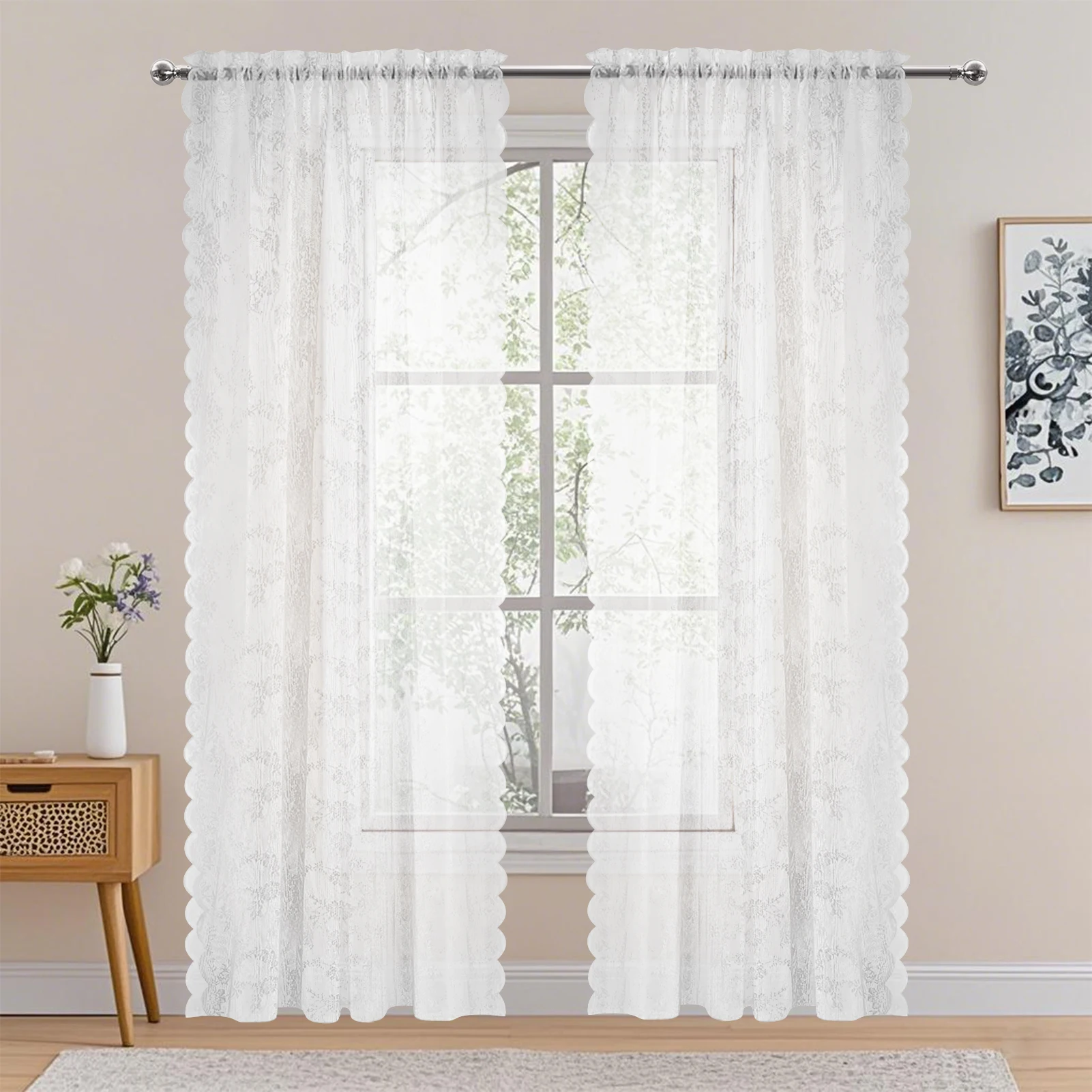 2 Stück Vintage-Blumenstickerei, Spitze, transparenter Vorhang, weiße französische Türvorhänge für Schlafzimmer, Küche, Fenster, feine Vorhänge – Detail 1