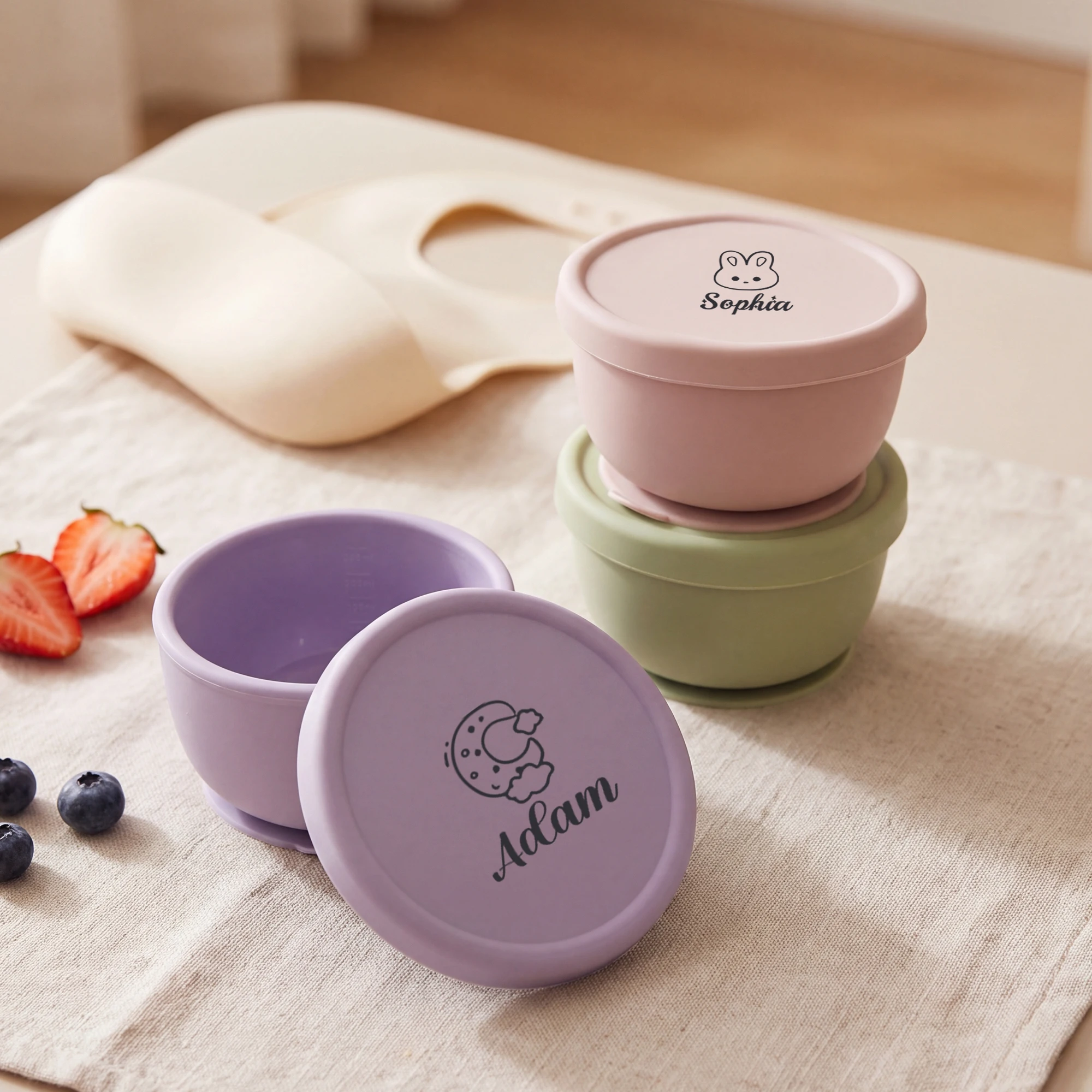 Personalized Silicone Baby Suction Bowl Custom Name Cartoon Pattern, BPA Free Toddler Feeding Bowl with Lid
