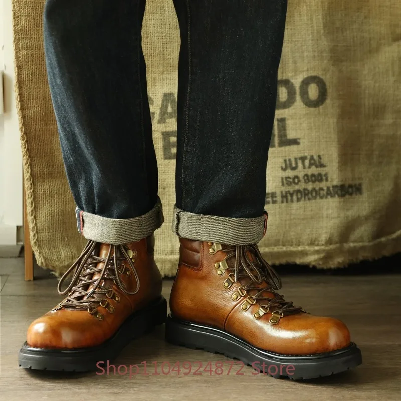 American Retro Round Toe Genuine Leather Work Boots Men's Shoes Business Office Casual Cowhide Chelsea Oxford Ankle Boots Male