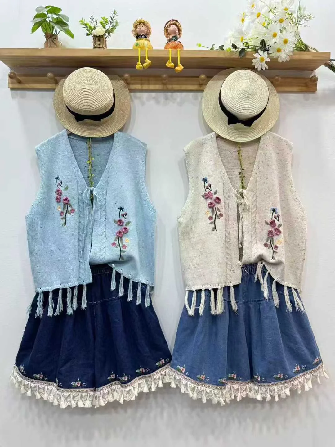 

Enianechu Original Blue Dark Red Handmade Embroider Bohemian Sweater Vest for Women Winter Lace-up Tasseles Cardigan