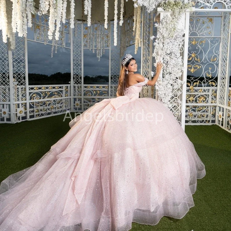 Angelsbride-Vestido De tul brillante para Quinceañera, Vestido De fiesta De noche con cuentas, color rosa claro, 15