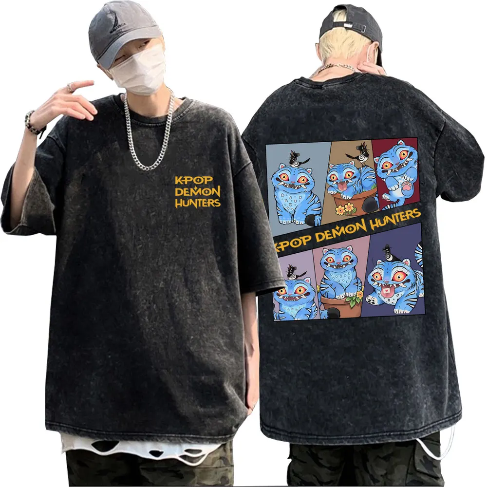 

Washed Vintage Kpop Demon Hunters Derpy Tiger Graphic T-shirt Men Women Fashion Cartoon Trend T Shirt Male Casual Oversized Tees