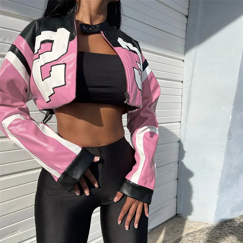 Top corto Chaqueta de cuero para mujer Estilo motociclista Chaqueta con estampado de números para mujer Ropa de abrigo de moda Chaqueta con