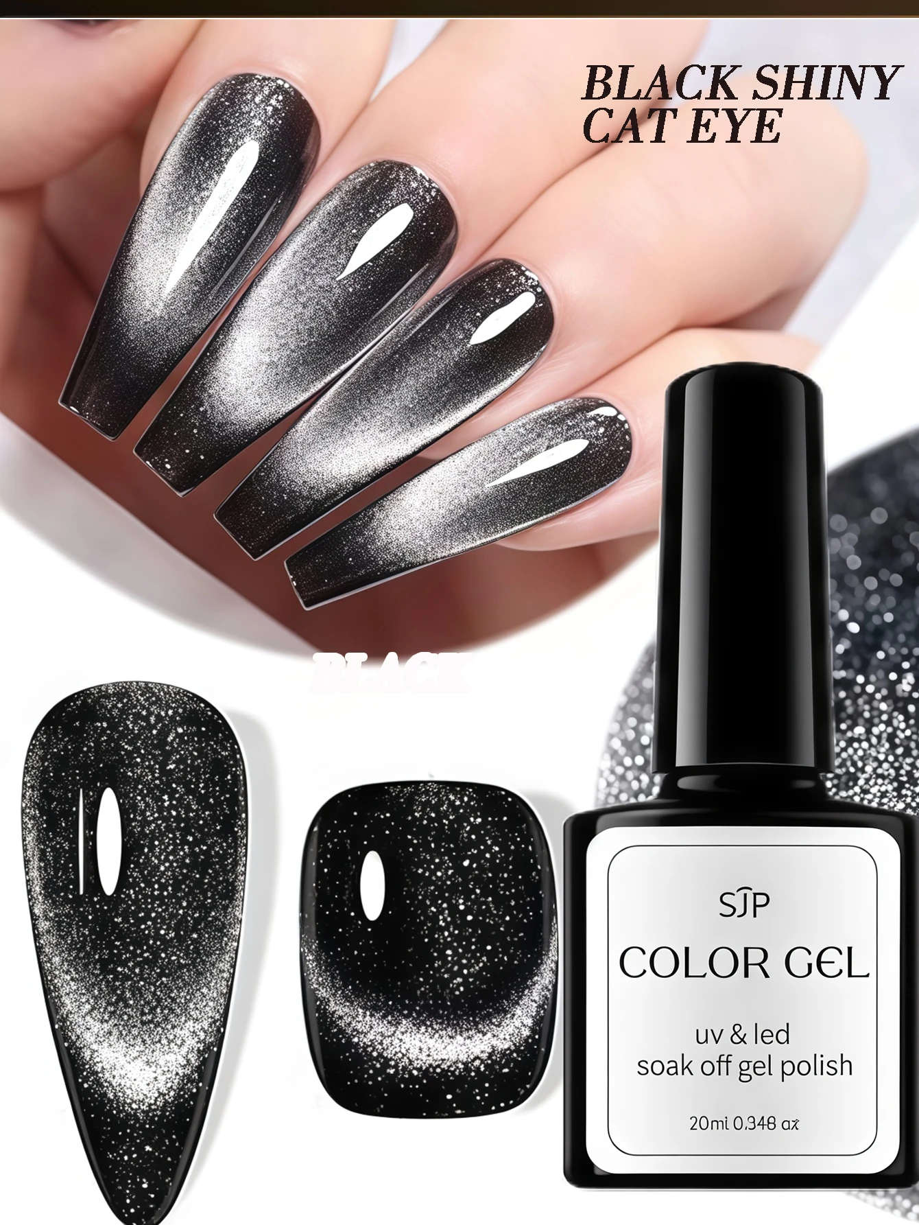0,34 oz Cristal Preto Gato Gel Magnético SparklingGlitter Gel Unha PolishSemi Permanente UV Gel Preto glitter olho de gato