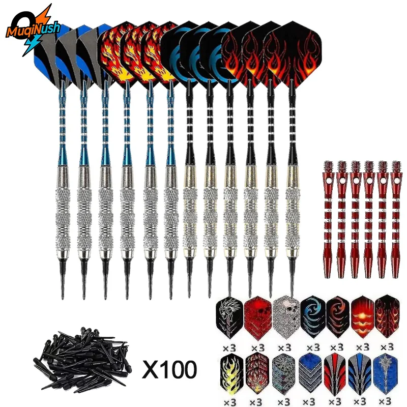 

МукиНуш ﻿ Набор дротиков с мягкими наконечниками 18 г - Профессиональные дротики с пластиковыми наконечниками, 6 стержней из алюминиевого сплава, 42 лайнеров и 100 мягких наконечников