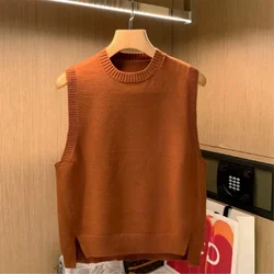 Men's Clothing Sleeveless Knit Sweater Male Crewneck Brown Solid Color Vest Waistcoat Plain Round Collar X Korean 2024 Autumn A