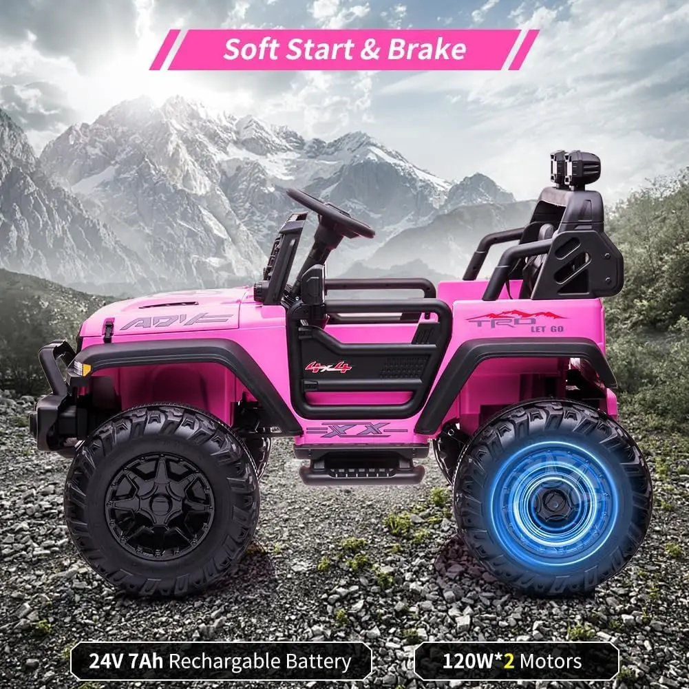 24V Kids Ride On Truck with Remote Control 15.5" All-Terrain Wheels & 20" Seat LED Lights/Music/USB Storage Gift for Boys Girls