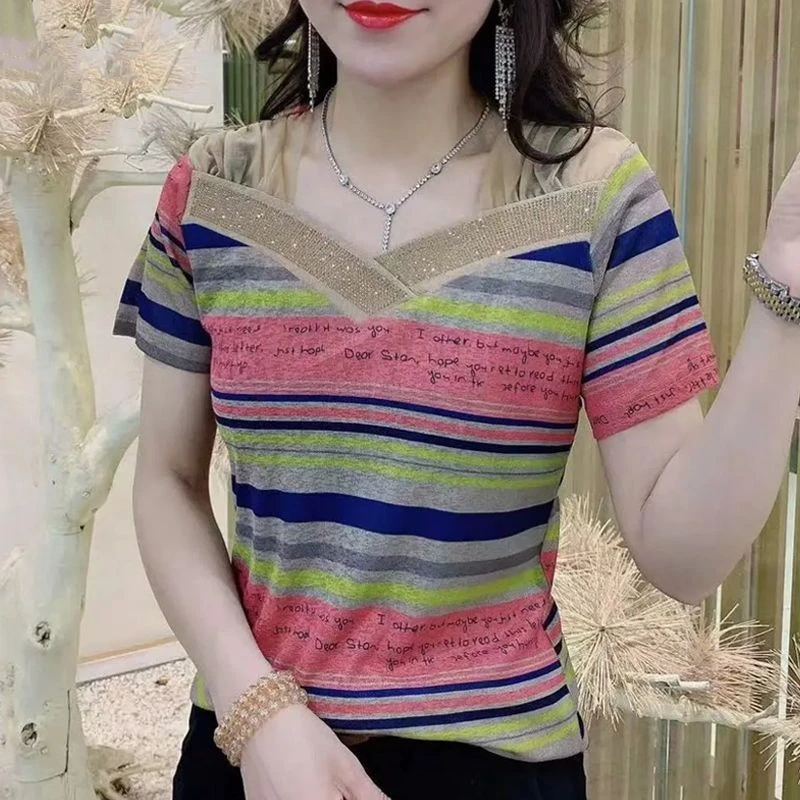 

Rhinestone Women's 2024 Summer New Patchwork Pullover V-neck Striped Slim All-match Fashion Casual Short Sleeved T-shirt Tops