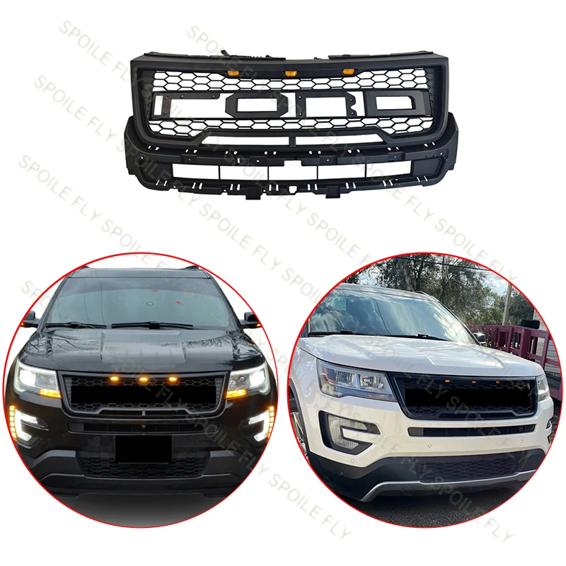 

For Ford Explorer 2015 2016 2017 2018 High Quality ABS Car Front Bumper Grille With 3/Pcs LED Grill Auto Accessories Black