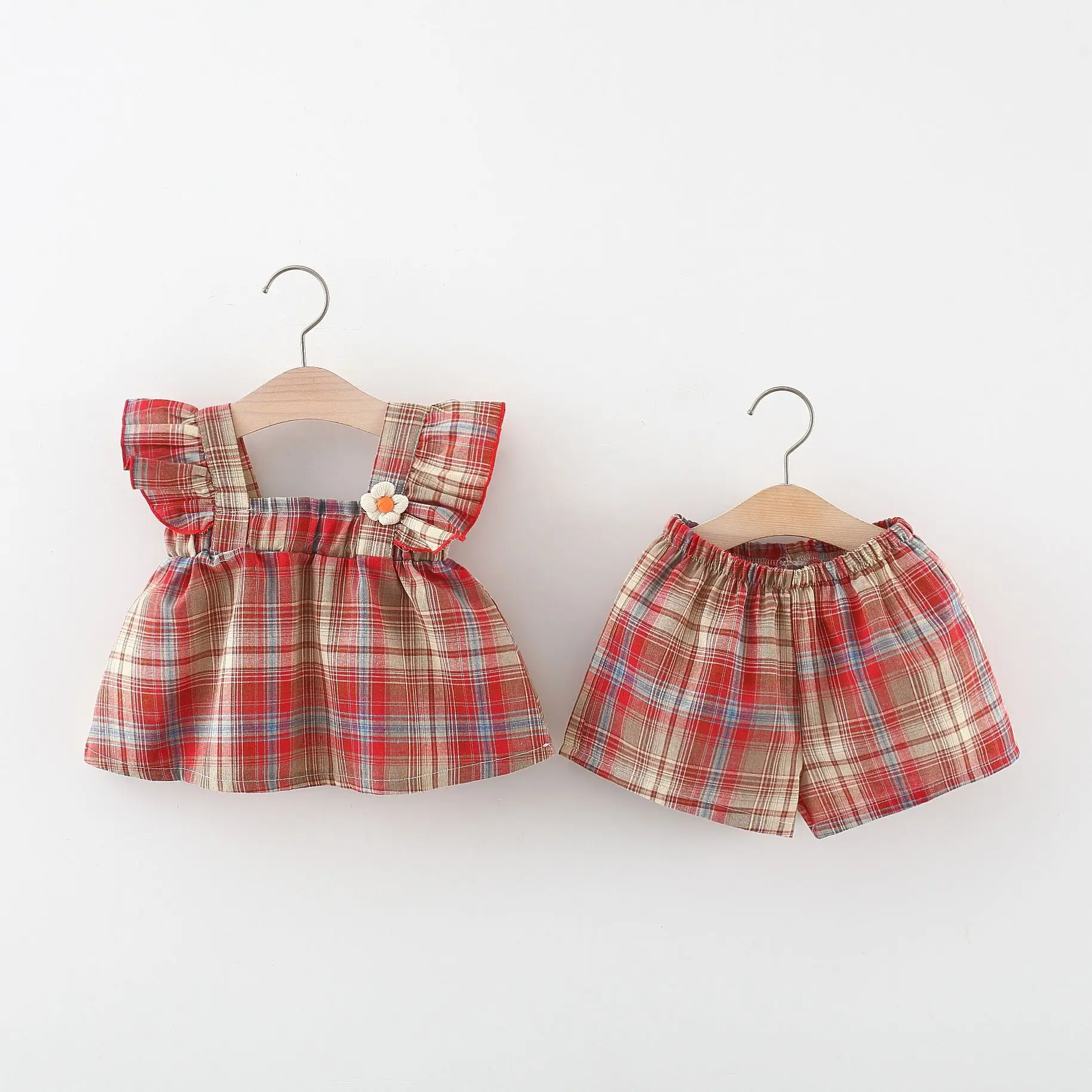 (0-3 Years Old) Summer Baby Girl Plaid Small Flying Sleeve Top And Shorts Set Cute Flower Beach Two-Piece Set For Girls