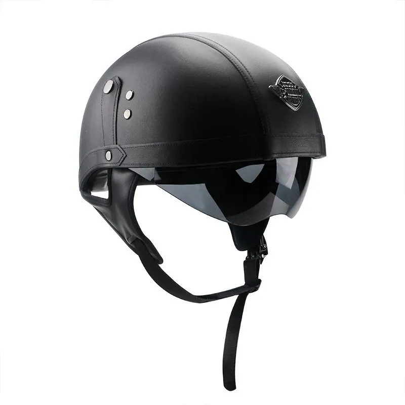 

Motorcycle Motorbike Rider Half PU Leather Retro Helmet Visor With Collar Vespa Open Face Half Motor casque moto