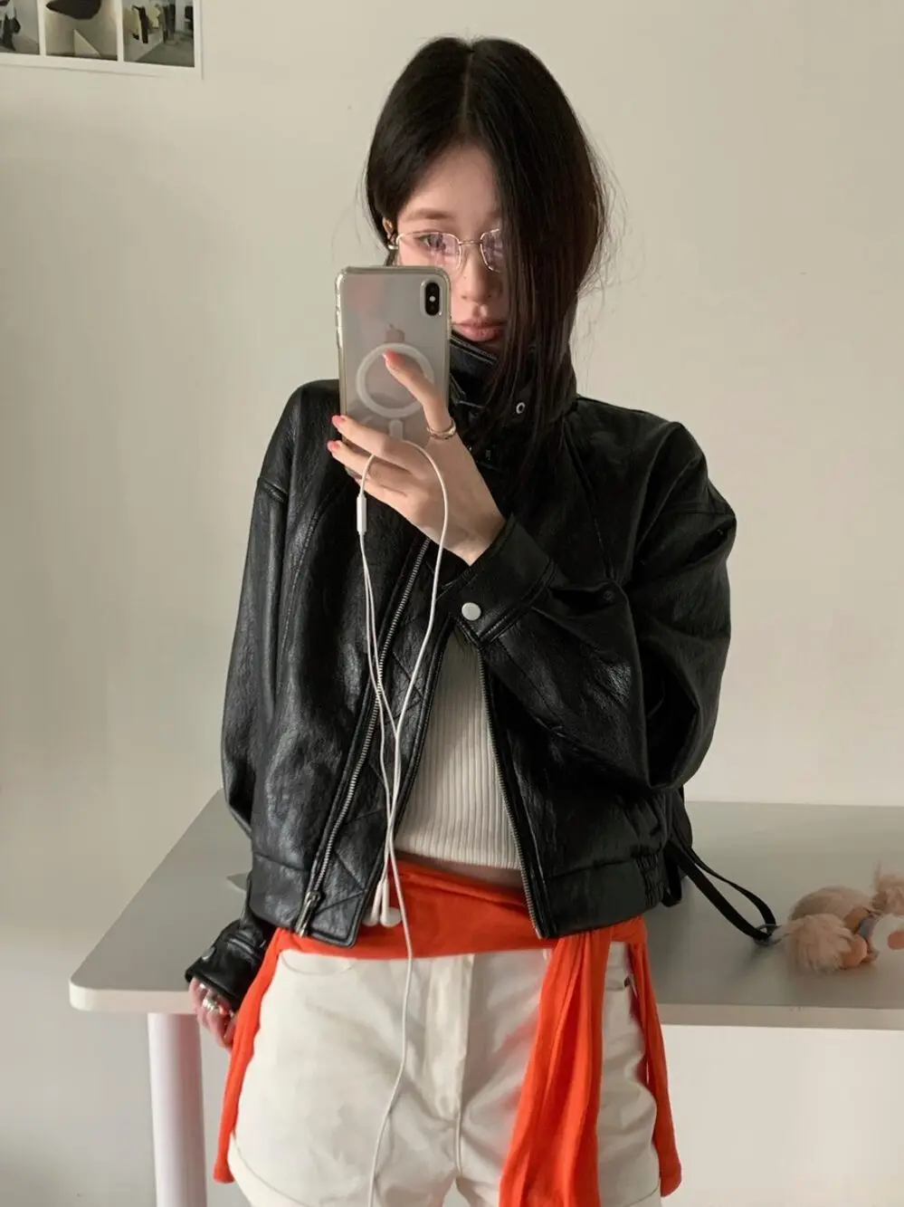 

Lilian Retro Cool Slimming Leather Jaet Stand Collar Flap High Rise Faion Women's ort Zipper Coat Tagkita Brand