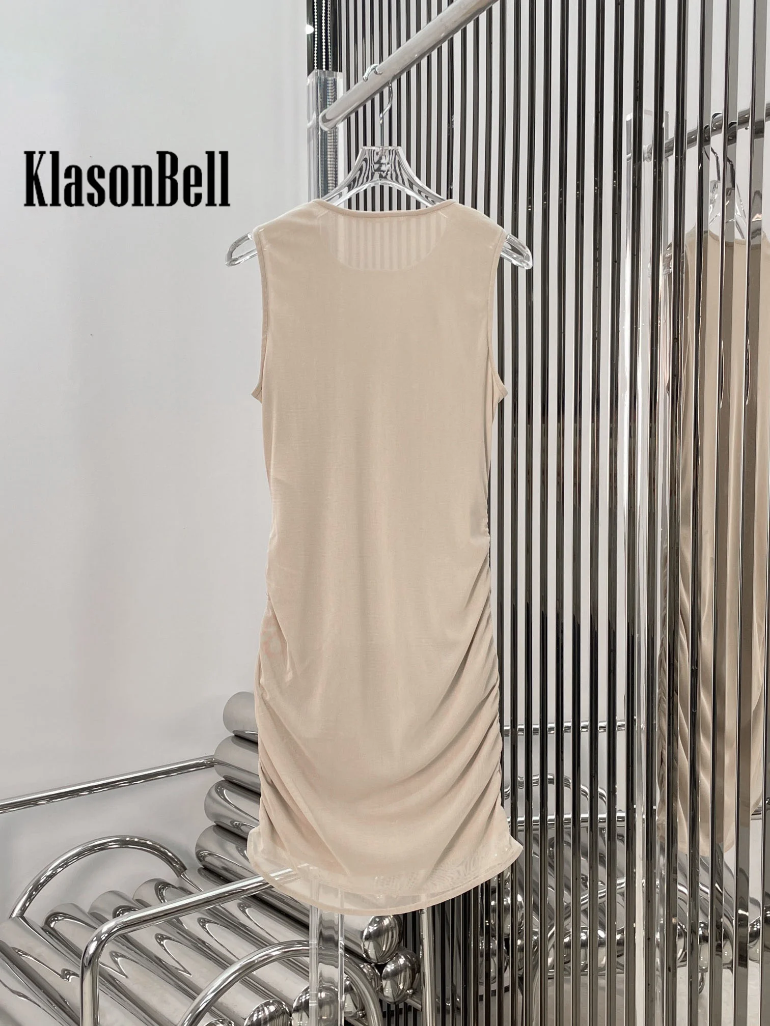 7.18 KlasonBell Women Sexy Sheer Crepe Ruched Sleeveless Dress 2024 New Summer Stretch Slim Thin Mesh Package Hip Dress