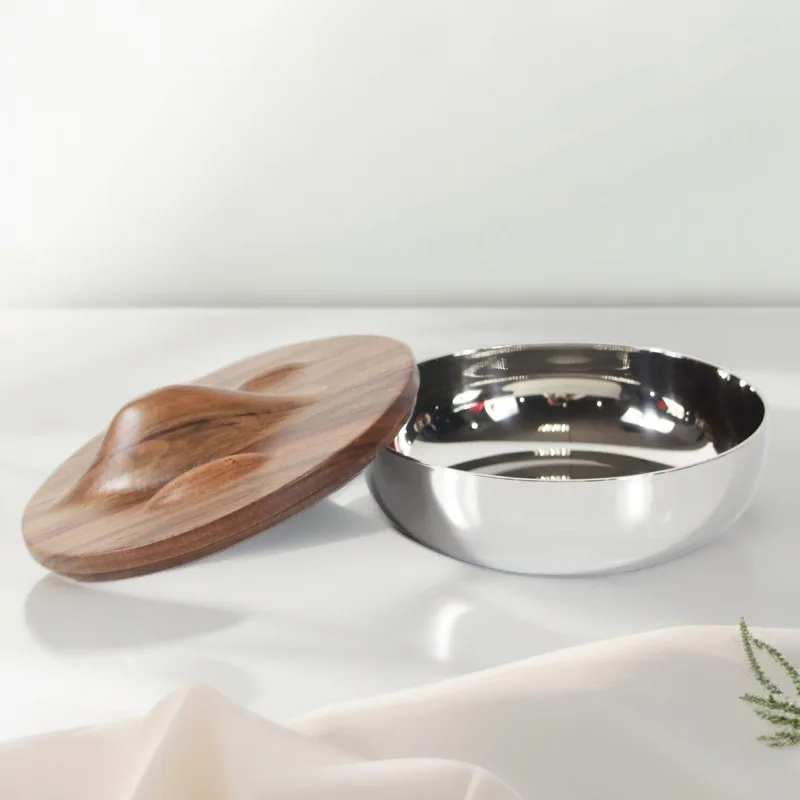 Living Room Dining Table Decoration, Stainless Steel Bowl with Walnut Lid, Metal Fruit Plate, Candy Jar, Kitchen Storage Box