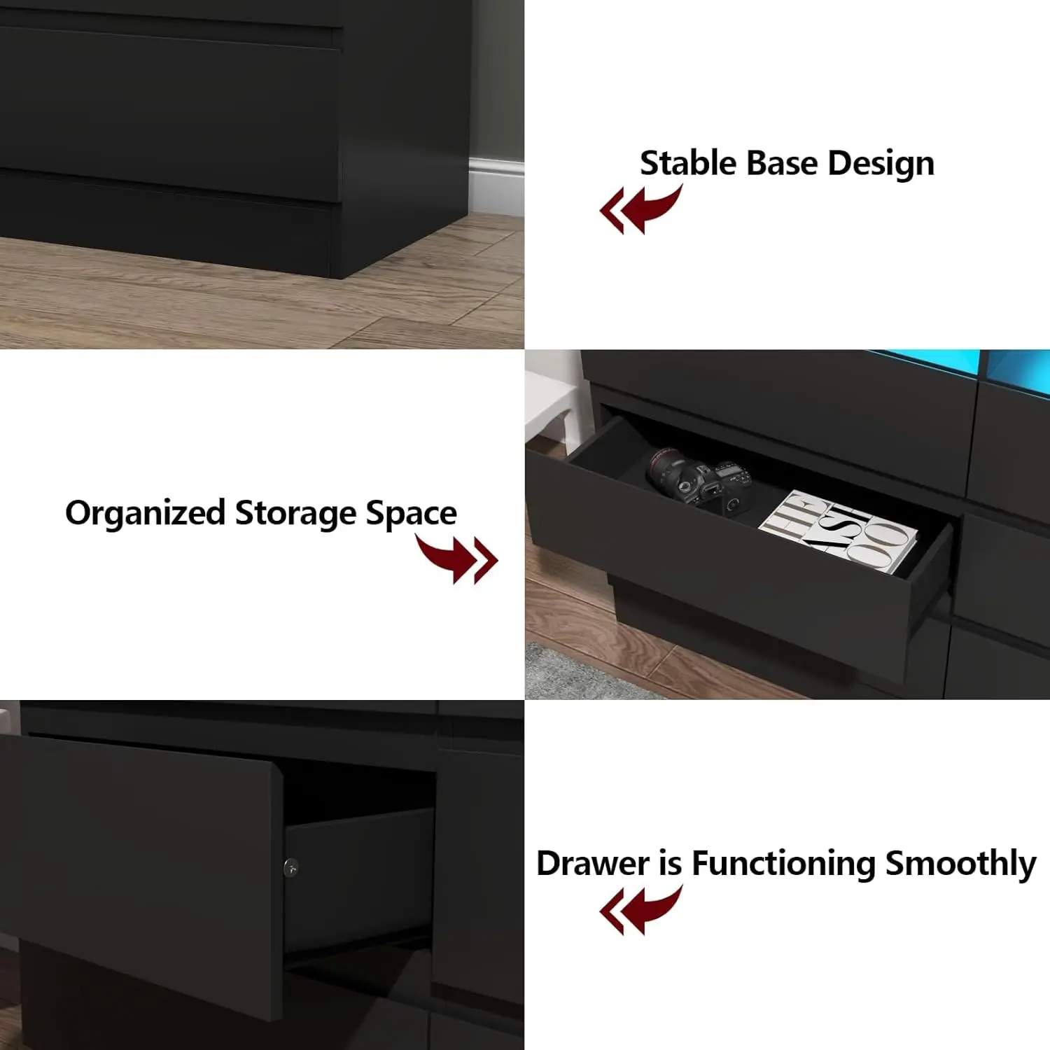 Commode 9 MELCommode avec prise de courant, commode moderne de proximité avec lumière LED, longue et large