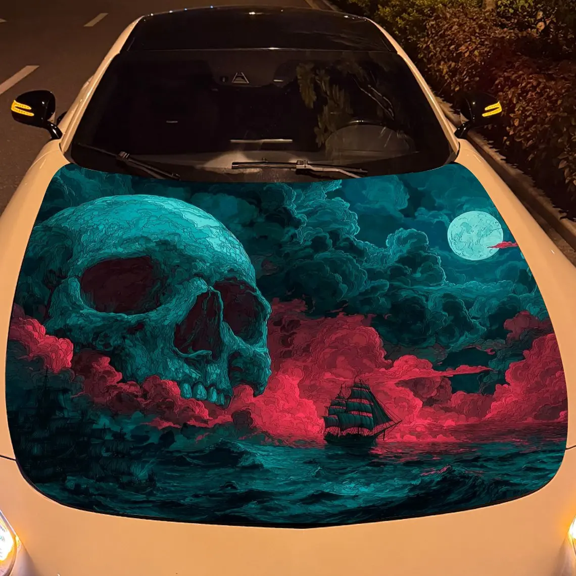 غلاف فينيل للسيارة على شكل جمجمة القمر الأحمر من Nether Sea، ملصق غطاء السيارة المقاوم للماء من مادة PVC، ملصقات ذاتية اللصق مقاومة للخدش لـ