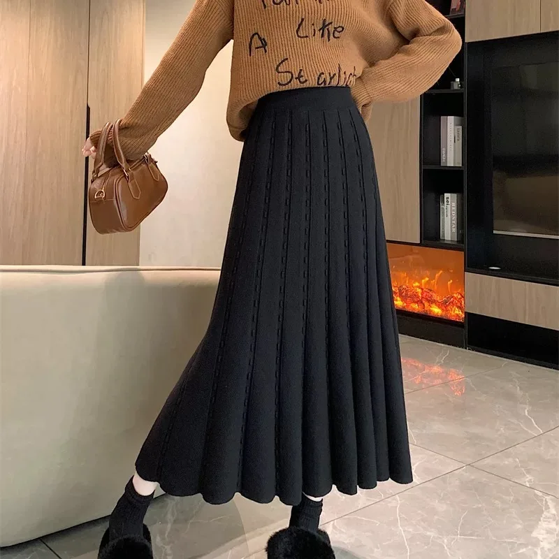

Вязаная юбка-миди для женщин, осень-зима, высокая талия, плиссированная длинная юбка трапециевидной формы, драпированный расклешенный зонтик, утолщенный шерстяной трикотаж
