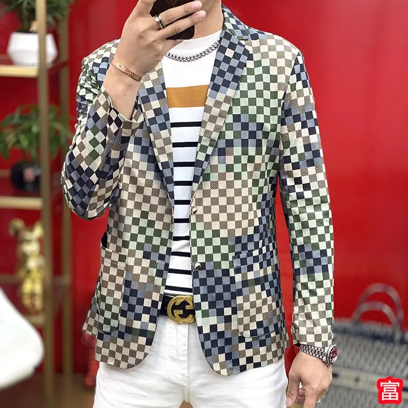 3-A22 2024 fashion spring and autumn new mosaic light luxury camouflage sm fit plaid trendy men's single suit jacket