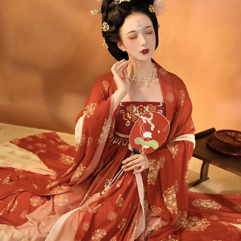 الأصلي Hanfu المرأة الصيف تانغ نمط المطرزة هيملوك تنورة قميص بأكمام كبيرة ثنيات الحرير البدلة