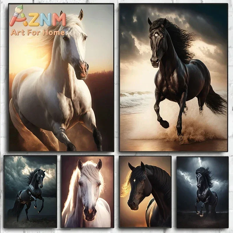 Black and White Wild Horses Canvas Paintings on The Wall Art Posters Prints Wall Picture Modern Animals Art Room Home Decor