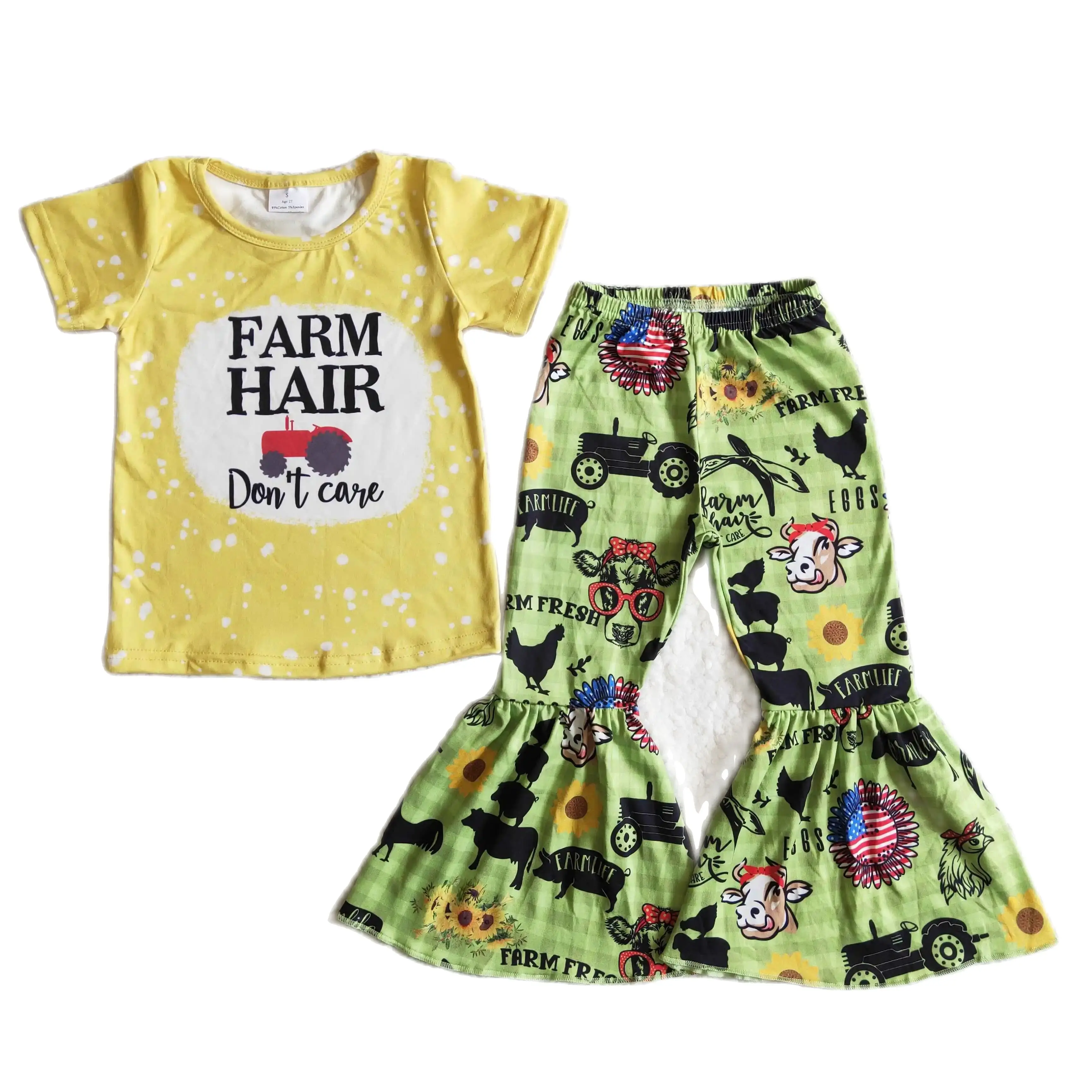 B12-28 Kids Girls Summer Outfit  Sets  Short Sleeves Top FARM HAIR Yellow Print  With Boot Cut Pant Children Clothes