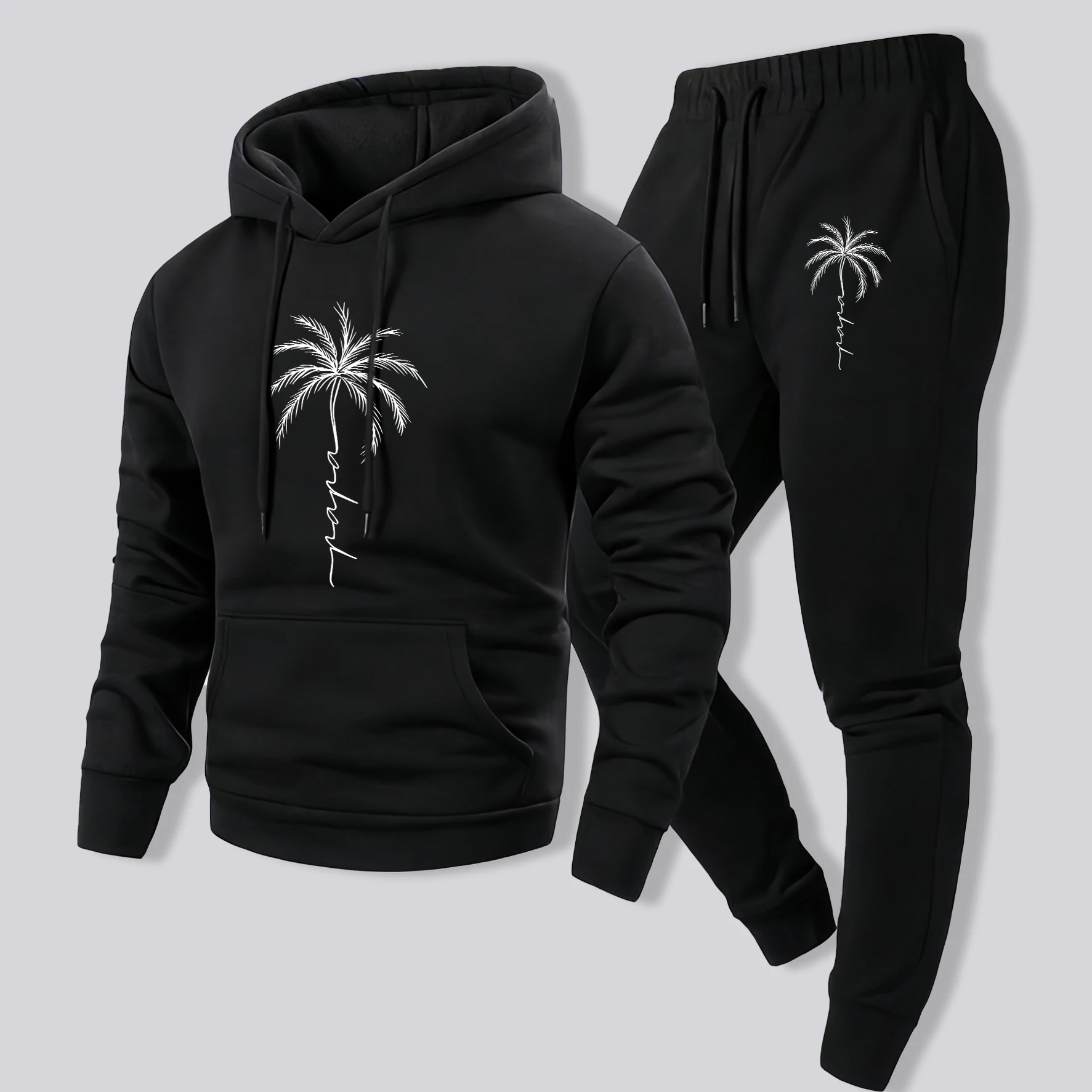 

Coconut Tree Creative Sketch Printing Male Autumn Pullovers Sweatpants Sets Fleece Soft Fashion Hoodies Casual Daily Long Pants
