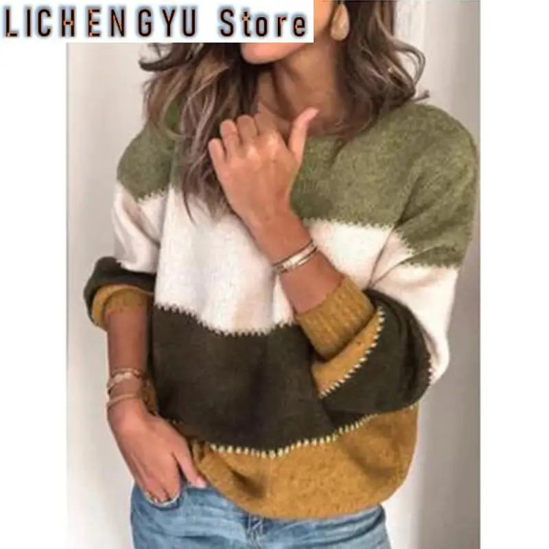 

New Autumn Winter Round Neck Oversized Striped Casual Sweaters Top Loose Fashion All-match Jumper Ladies Simple Thick Pullover