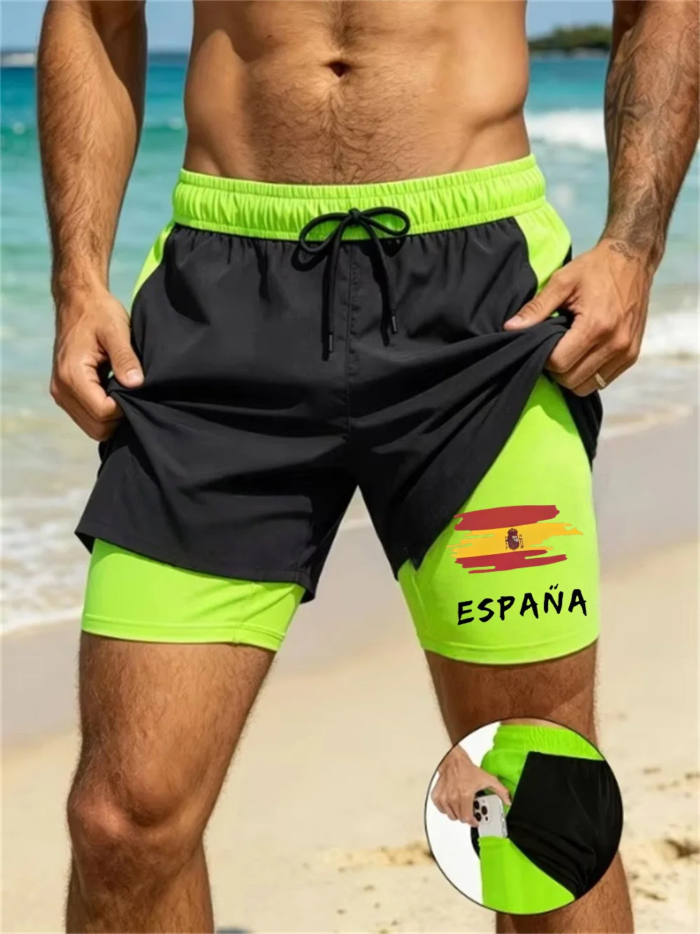 New men's summer double-layer quick-drying compression lining suitable for fitness, sports, surfing, beach shorts drawstring