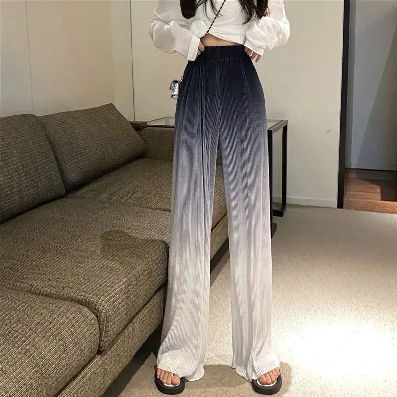 Printed Spliced Folds Tie Dye Gradient Pants Female Clothing 2025 Summer New Loose Elastic High Waist Casual Trousers XT1385