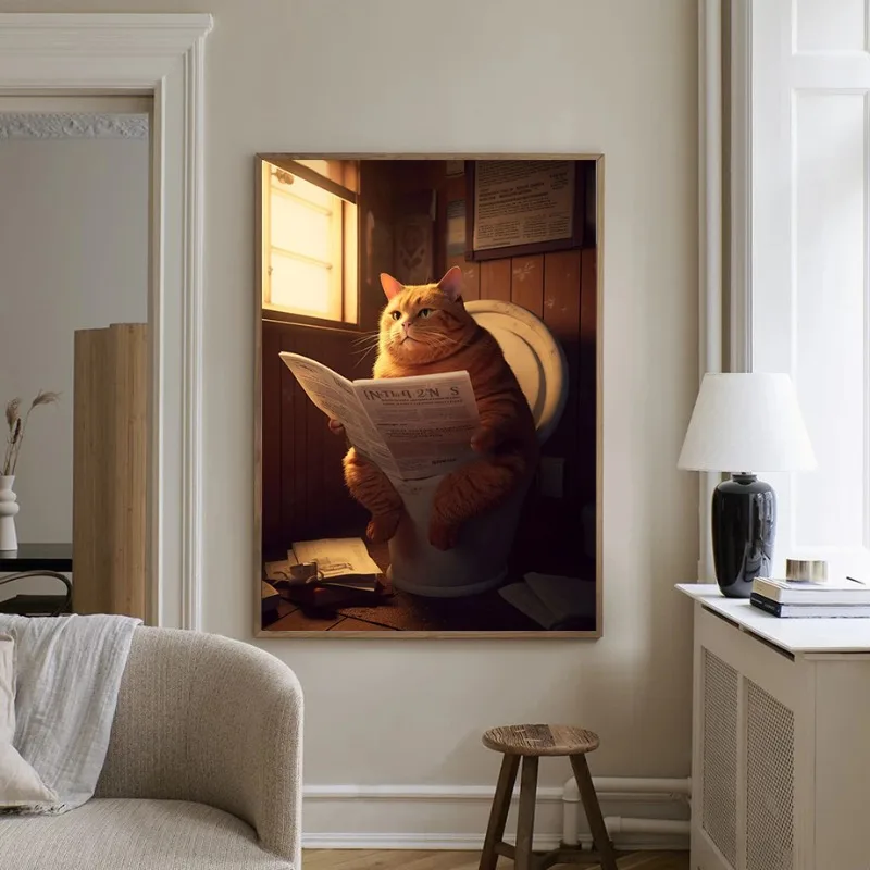 Funny Cat Sitting on The Toilet Poster Cute Animal Fat Cat Eating Pizza and Drinking Canvas Painting for Room Home Wall Decor