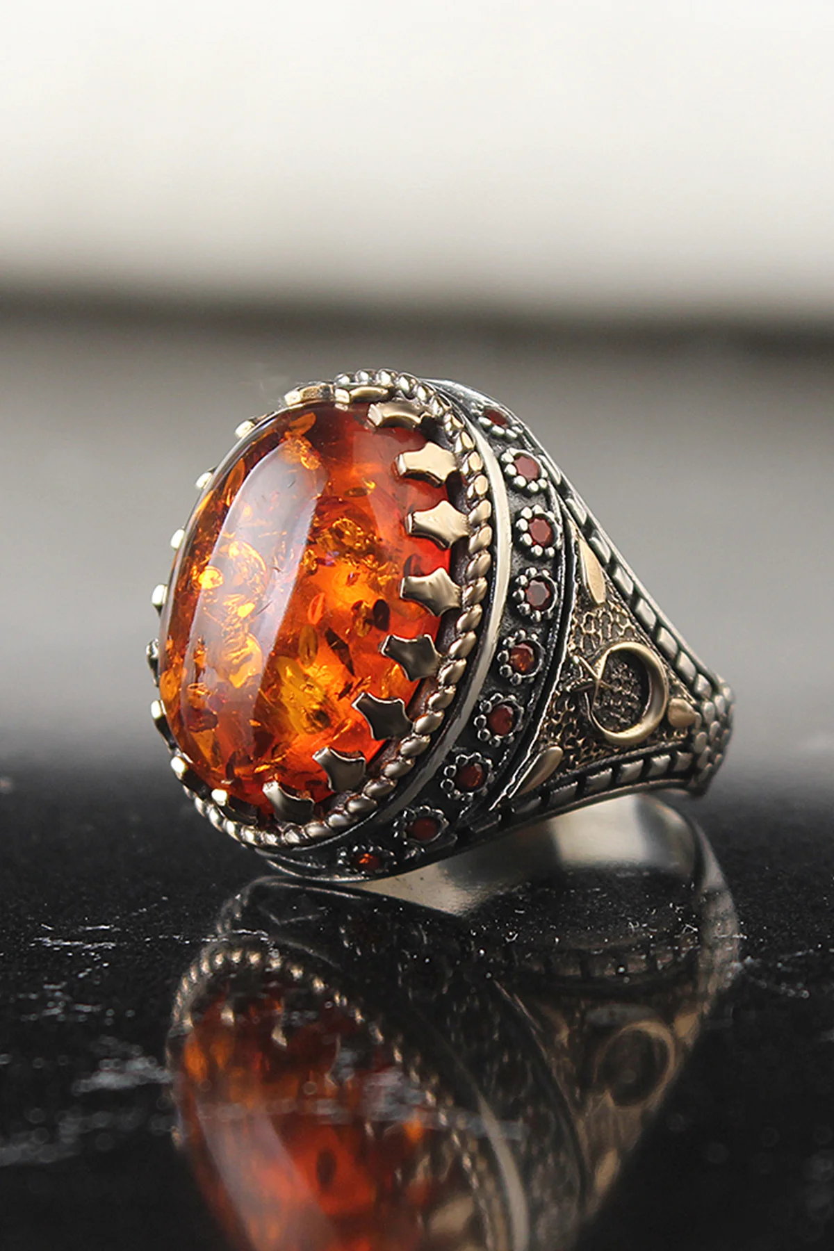 

Amber Stones in the Moon the stars Embroidered 925 Sterling Silver Ring