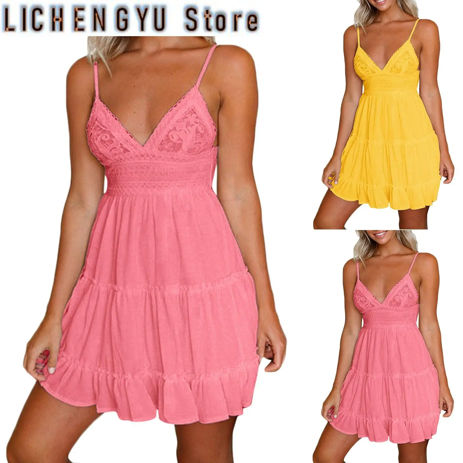

Dresses For Women Midi Summer Qutfits Lace Dresses Sling Solid V Neck Swing Ruffle Sleeveless A Line Beach Sun Dress
