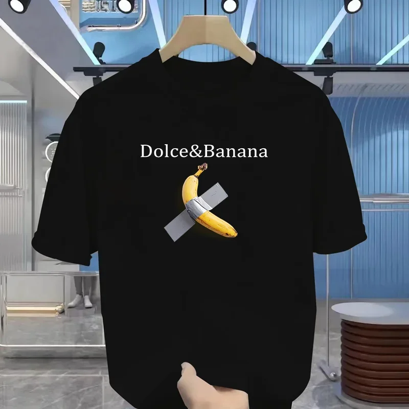 Men's Dolce&Banana Print T-Shirt Funny Parody Design with Tape Cross Banana Cotton Tee for Streetwear Daily Casual Fashion