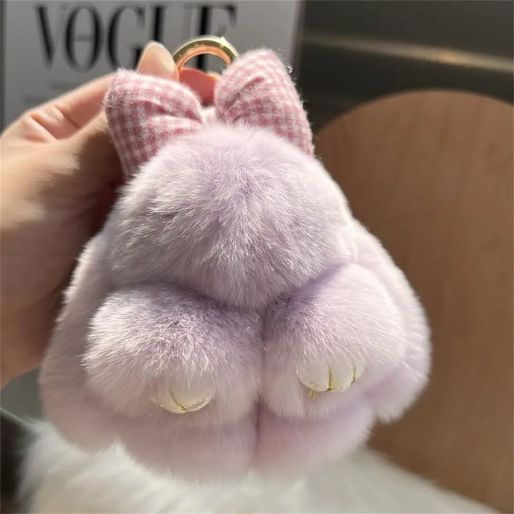 Hair Bow Rabbit Fur Keychain Pompoms Cute Fluffy Bunny Keychain Plush Dolls Keyholder Plush Rabbit Key Ring Couple Pendant