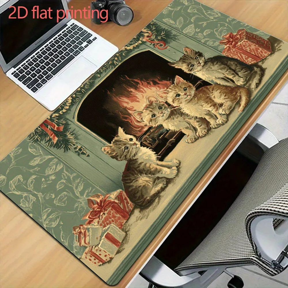 Vintage Kittens by Fireplace 2D Flat Printing Extended Gaming Mouse Pad Large Non-Slip Desk Mat
