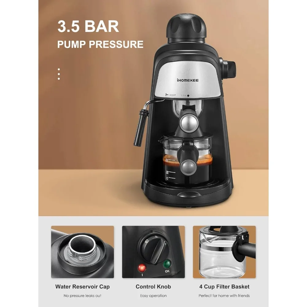 Machine à expresso et cappuccino avec fonction de chauffage rapide, cafetière standard, 3,5 bars, 1 à 4 pièces, noir